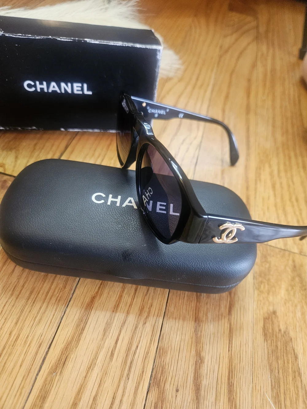 CHANEL Black Sunglasses with Dark Lenses, Case & Box Gold Logo
